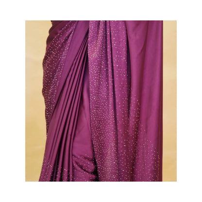 Isadora Life Womens Beads Sequined Purple Pre-Draped Saree with Unstitched Blouse