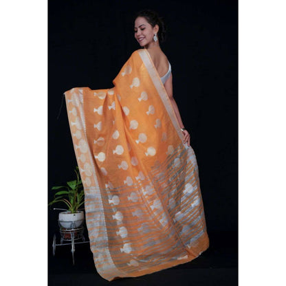Isadora Life Womens Woven Zari Orange Pre-Draped Saree with Unstitched Blouse