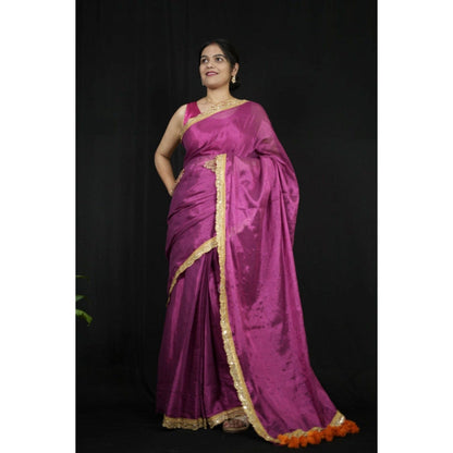 Isadora Life Womens Solid Tassels Purple Pre-Draped Saree with Unstitched Blouse