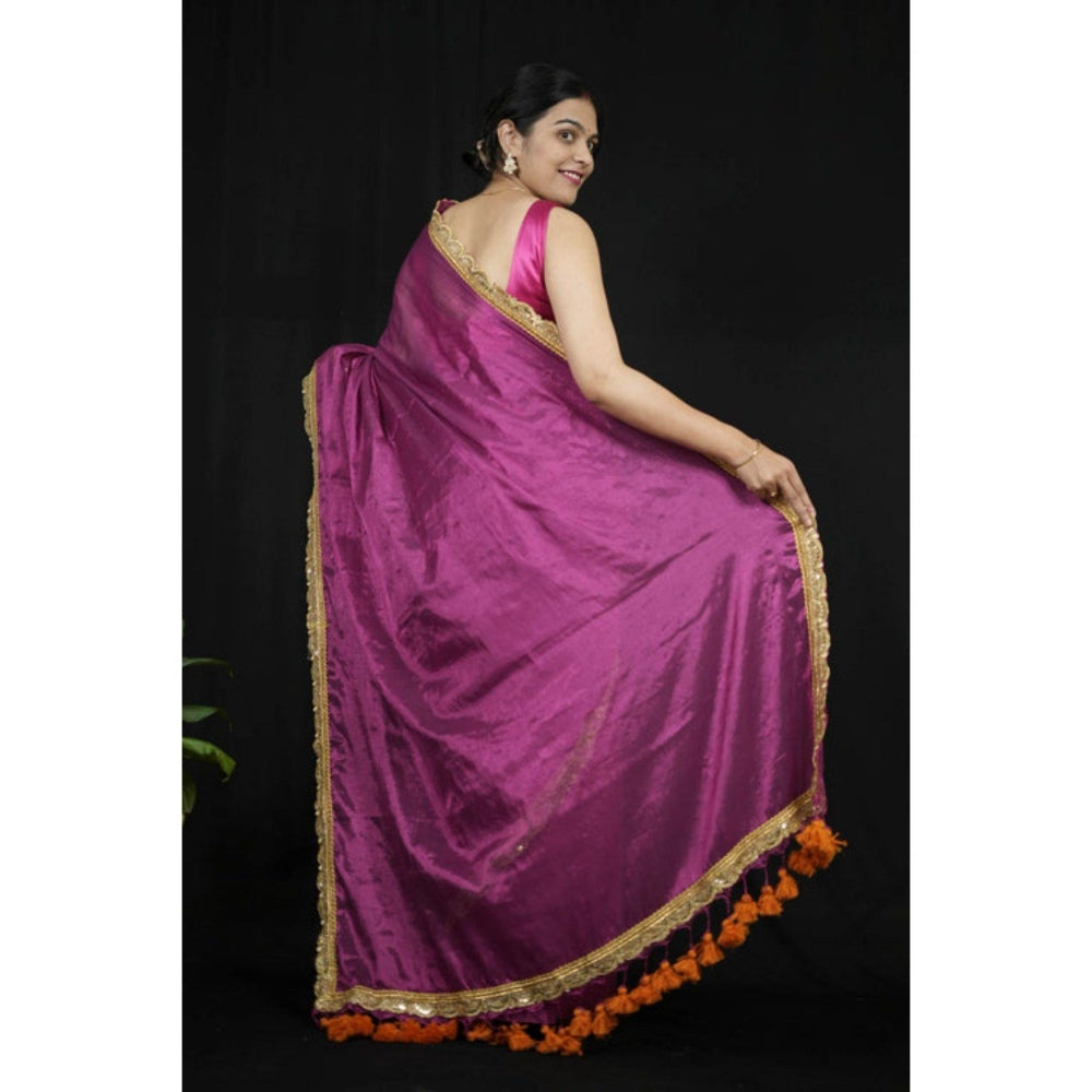 Isadora Life Womens Solid Tassels Purple Pre-Draped Saree with Unstitched Blouse