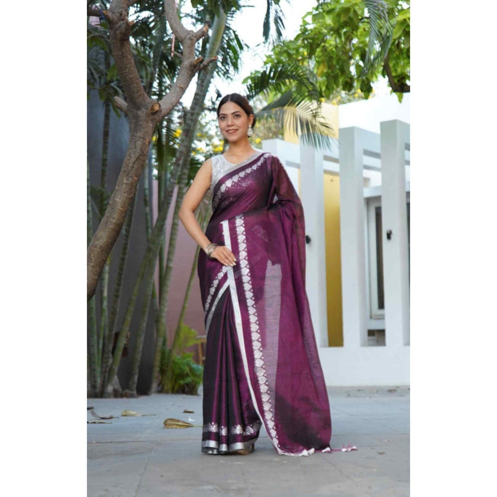 Isadora Life Womens Woven Tassels Purple Pre-Draped Saree with Unstitched Blouse