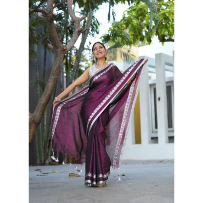 Isadora Life Womens Woven Tassels Purple Pre-Draped Saree with Unstitched Blouse