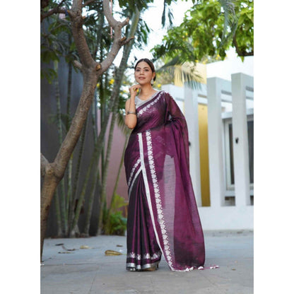 Isadora Life Womens Woven Tassels Purple Pre-Draped Saree with Unstitched Blouse