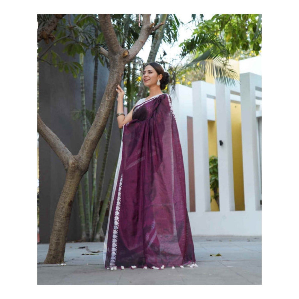 Isadora Life Womens Woven Tassels Purple Pre-Draped Saree with Unstitched Blouse