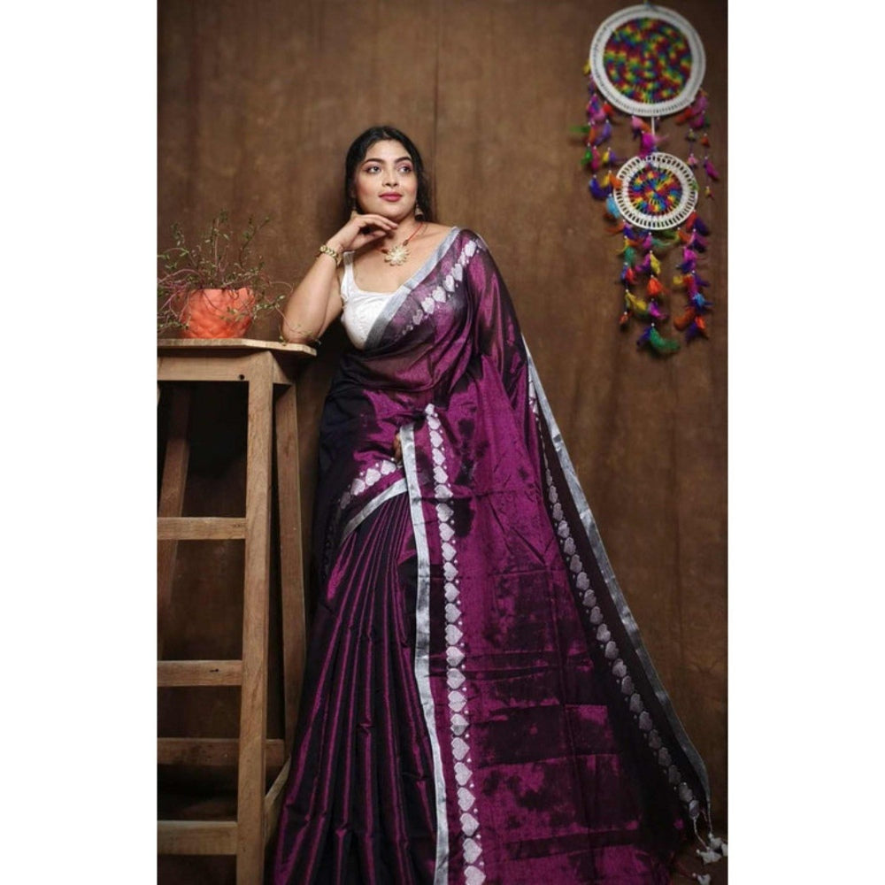 Isadora Life Womens Woven Tassels Purple Pre-Draped Saree with Unstitched Blouse