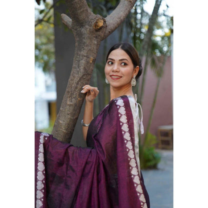 Isadora Life Womens Woven Tassels Purple Pre-Draped Saree with Unstitched Blouse