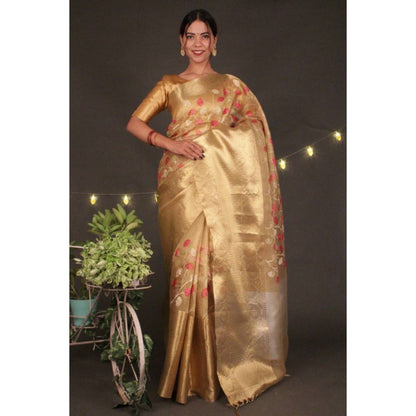 Isadora Life Womens Floral Woven Gold Pre-Draped Saree with Unstitched Blouse