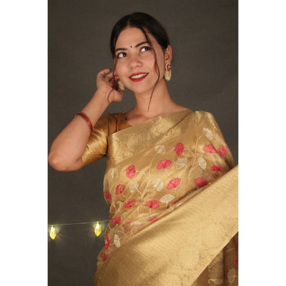 Isadora Life Womens Floral Woven Gold Pre-Draped Saree with Unstitched Blouse
