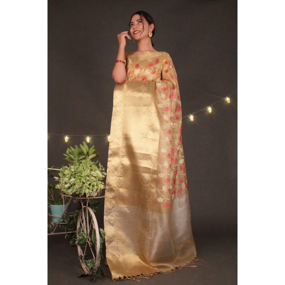 Isadora Life Womens Floral Woven Gold Pre-Draped Saree with Unstitched Blouse