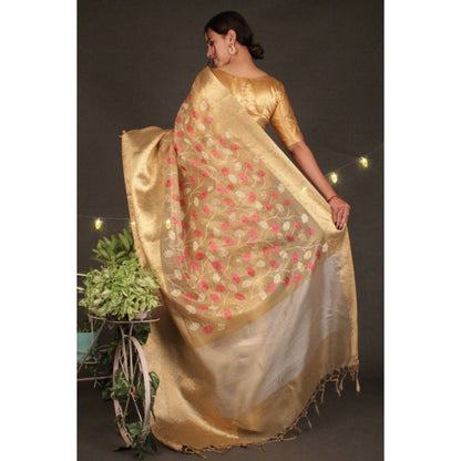 Isadora Life Womens Floral Woven Gold Pre-Draped Saree with Unstitched Blouse