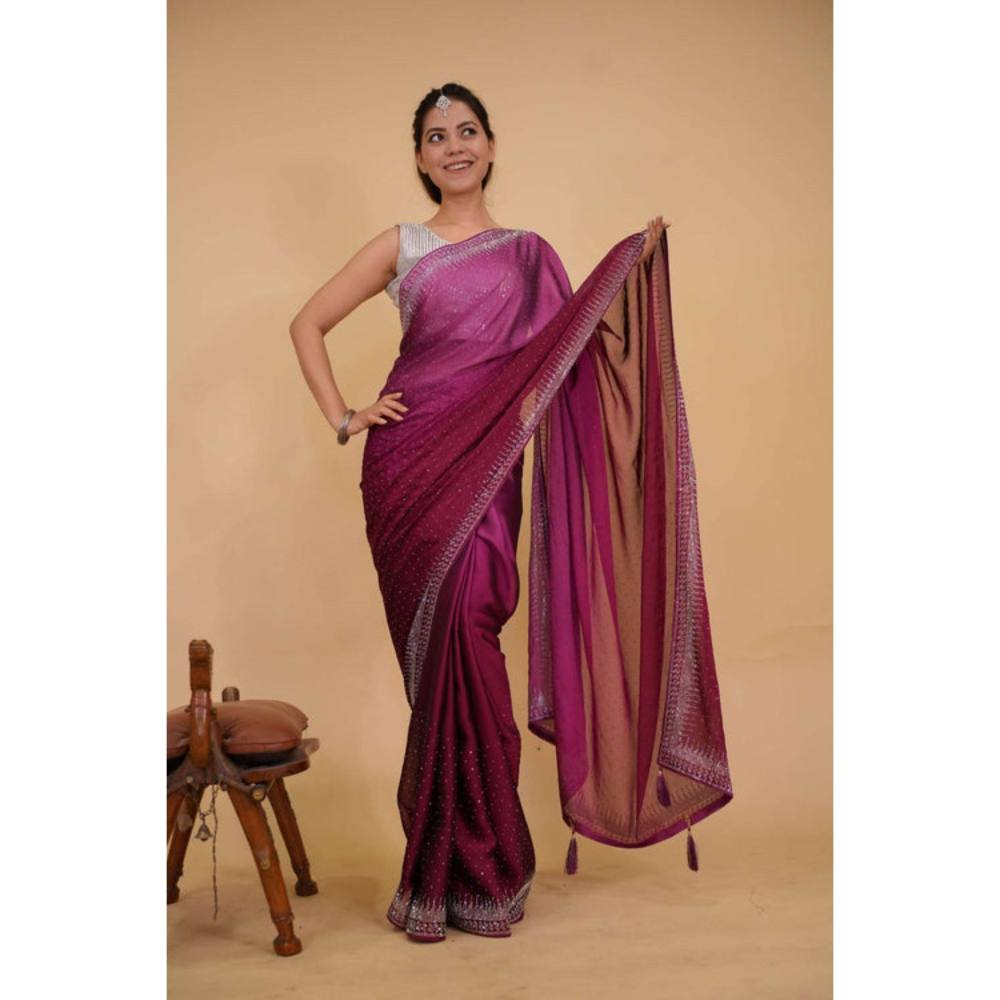 Isadora Life Womens Beads Sequined Purple Pre-Draped Saree with Unstitched Blouse