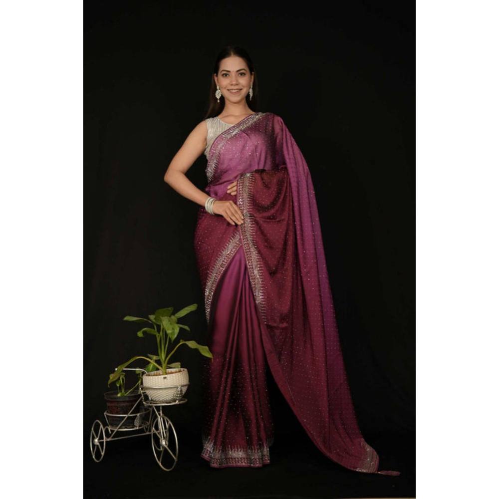 Isadora Life Womens Beads Sequined Purple Pre-Draped Saree with Unstitched Blouse