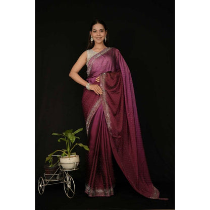 Isadora Life Womens Beads Sequined Purple Pre-Draped Saree with Unstitched Blouse