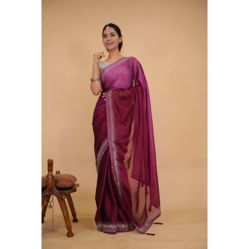 Isadora Life Womens Beads Sequined Purple Pre-Draped Saree with Unstitched Blouse