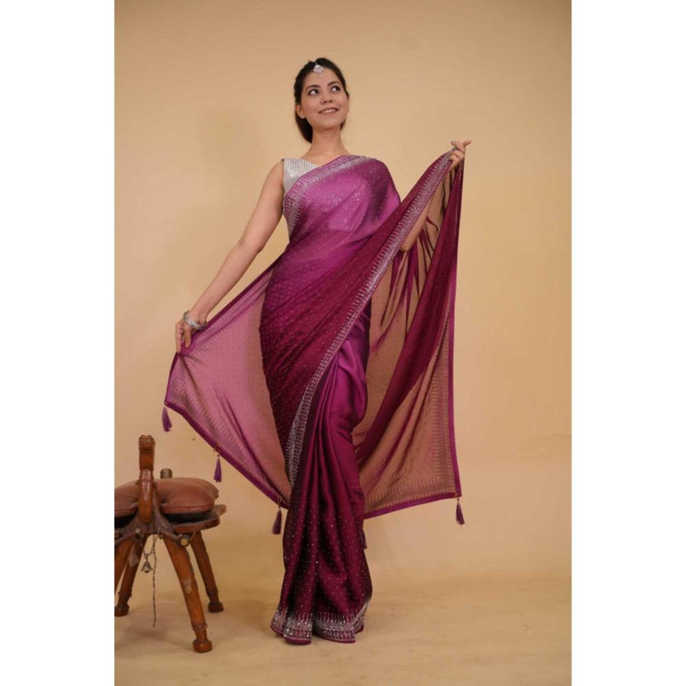 Isadora Life Womens Beads Sequined Purple Pre-Draped Saree with Unstitched Blouse