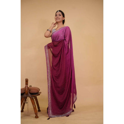 Isadora Life Womens Beads Sequined Purple Pre-Draped Saree with Unstitched Blouse