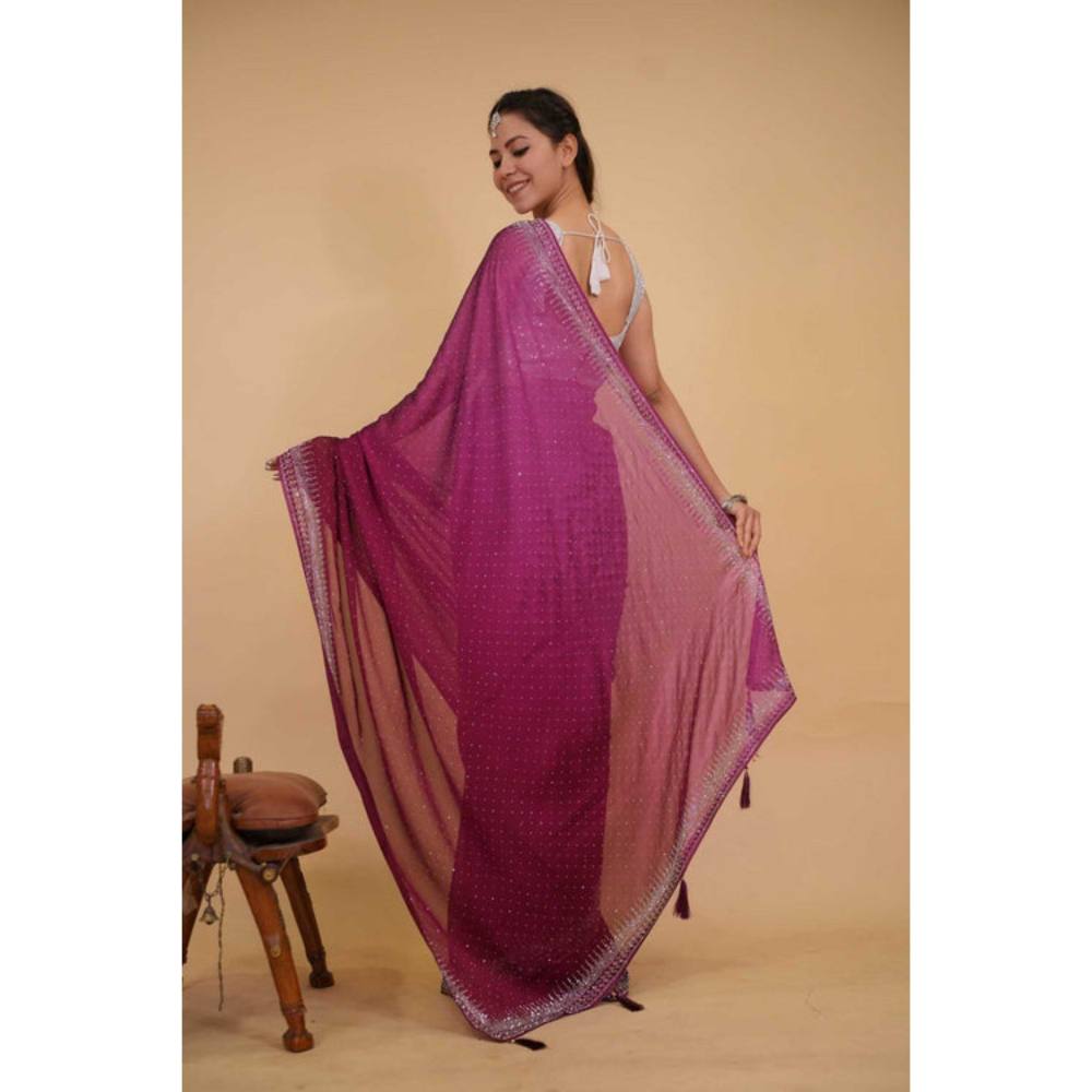 Isadora Life Womens Beads Sequined Purple Pre-Draped Saree with Unstitched Blouse
