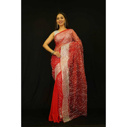 Isadora Life Womens Beads Sequined Red Pre-Draped Saree with Unstitched Blouse