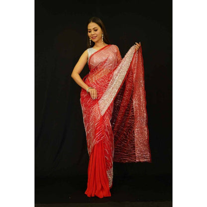 Isadora Life Womens Beads Sequined Red Pre-Draped Saree with Unstitched Blouse
