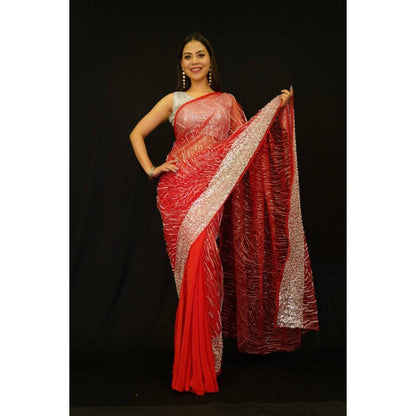 Isadora Life Womens Beads Sequined Red Pre-Draped Saree with Unstitched Blouse