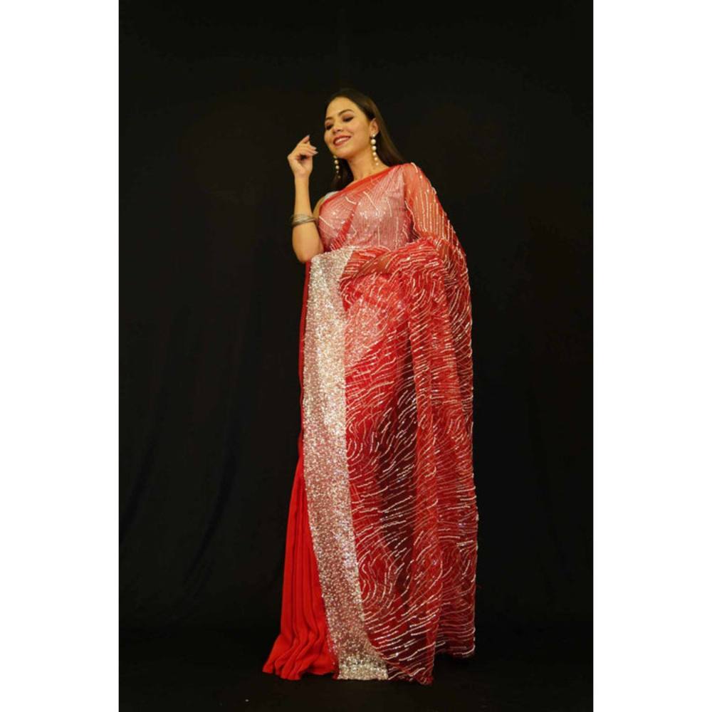 Isadora Life Womens Beads Sequined Red Pre-Draped Saree with Unstitched Blouse