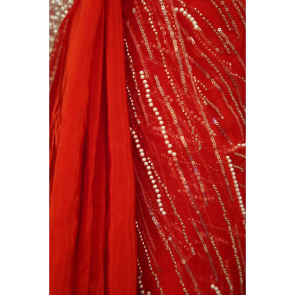 Isadora Life Womens Beads Sequined Red Pre-Draped Saree with Unstitched Blouse