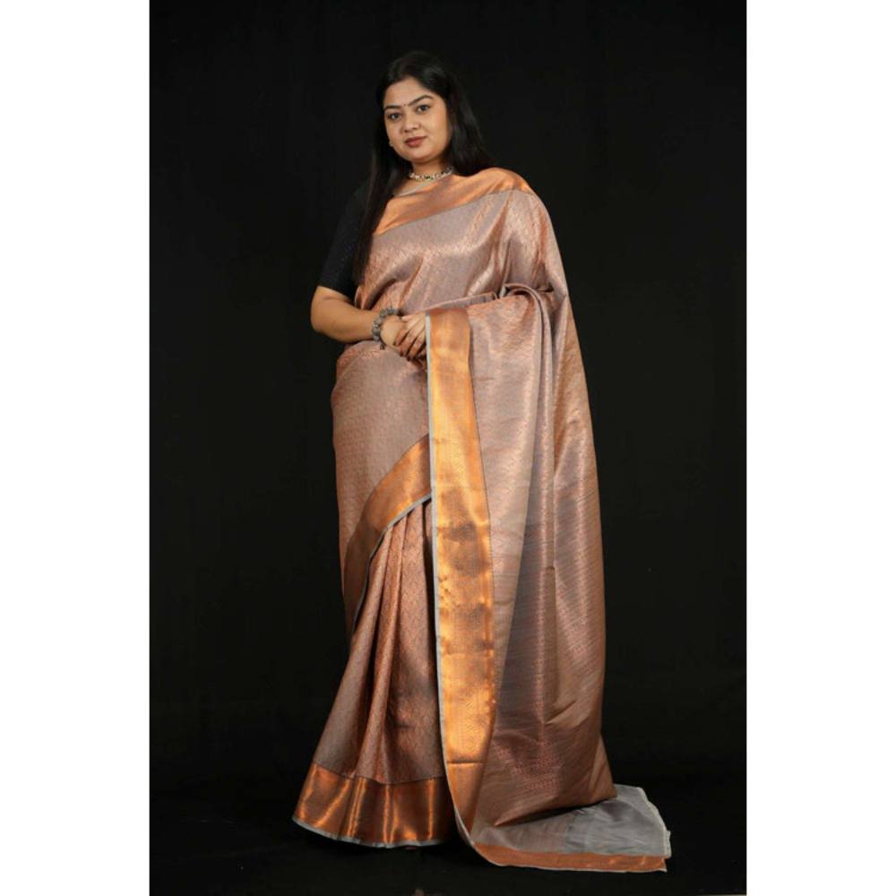 Isadora Life Womens Woven Zari Copper Pre-Draped Saree with Unstitched Blouse