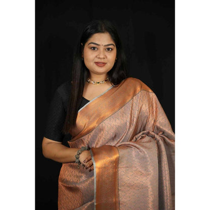 Isadora Life Womens Woven Zari Copper Pre-Draped Saree with Unstitched Blouse