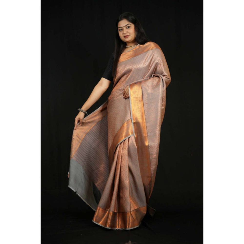 Isadora Life Womens Woven Zari Copper Pre-Draped Saree with Unstitched Blouse