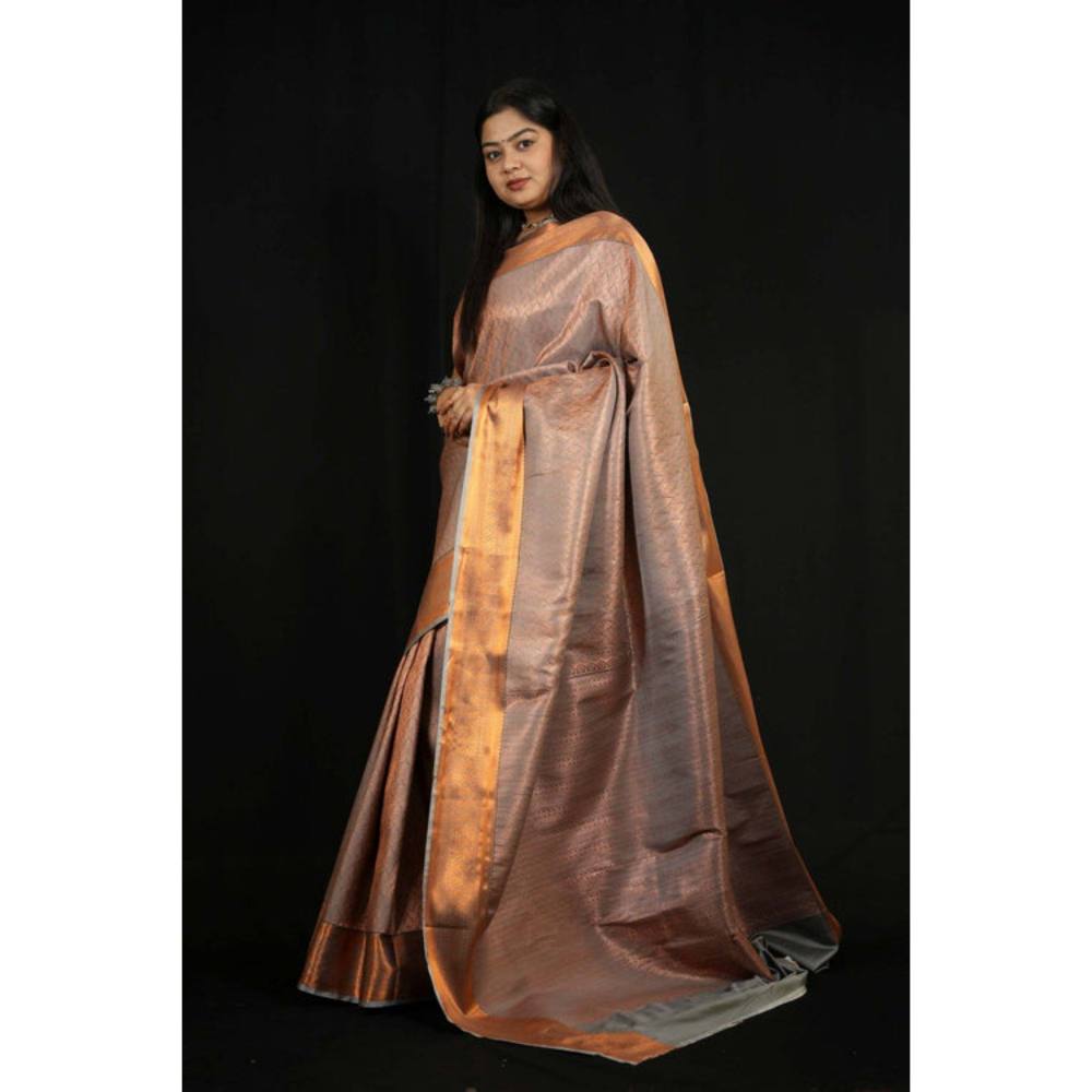 Isadora Life Womens Woven Zari Copper Pre-Draped Saree with Unstitched Blouse