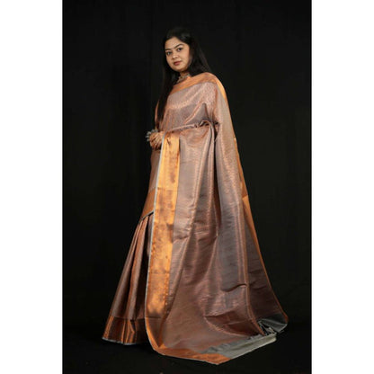 Isadora Life Womens Woven Zari Copper Pre-Draped Saree with Unstitched Blouse