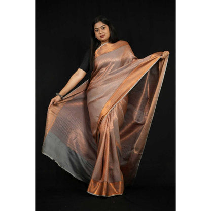 Isadora Life Womens Woven Zari Copper Pre-Draped Saree with Unstitched Blouse