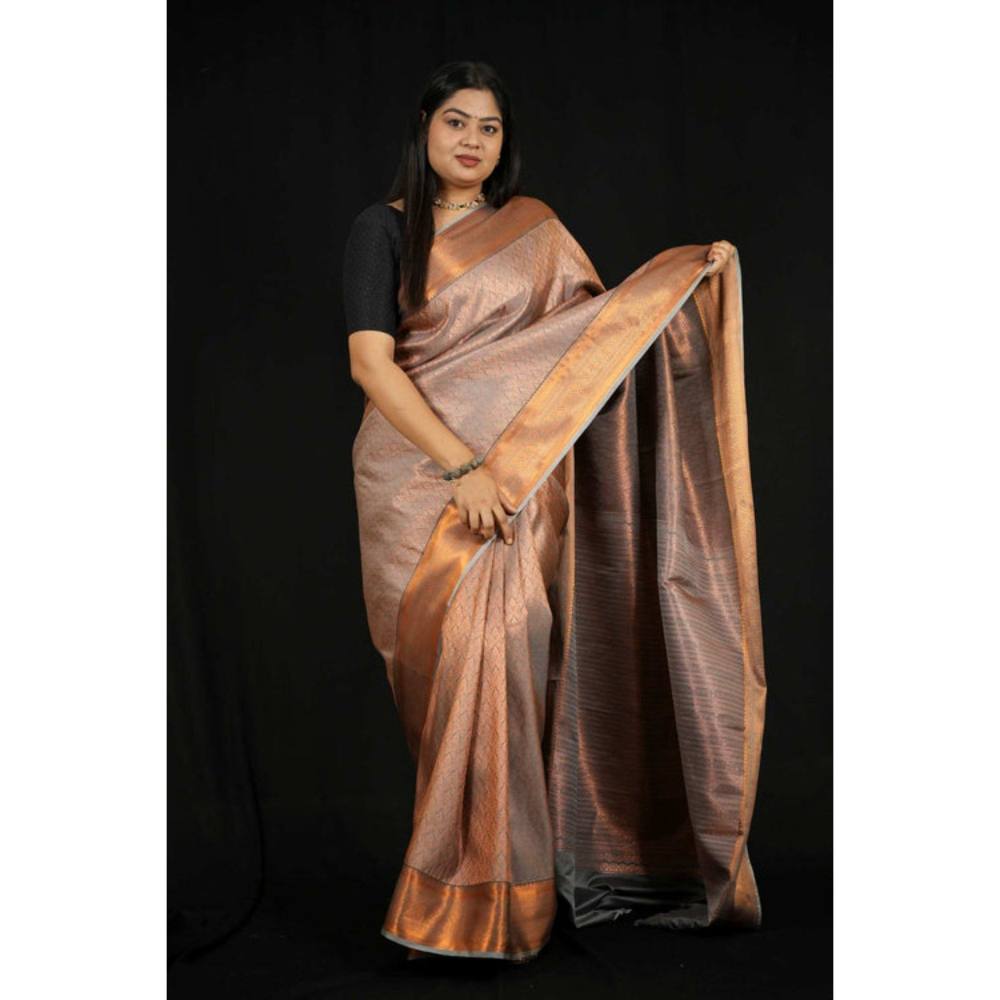 Isadora Life Womens Woven Zari Copper Pre-Draped Saree with Unstitched Blouse