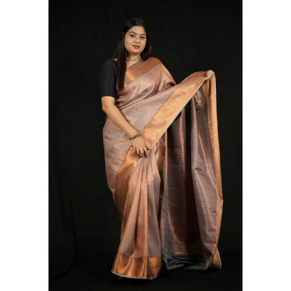 Isadora Life Womens Woven Zari Copper Pre-Draped Saree with Unstitched Blouse