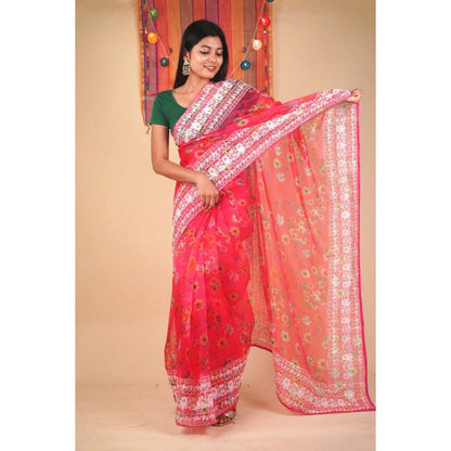 Isadora Life Womens Floral Embroidered Pink Pre-Draped Saree with Unstitched Blouse