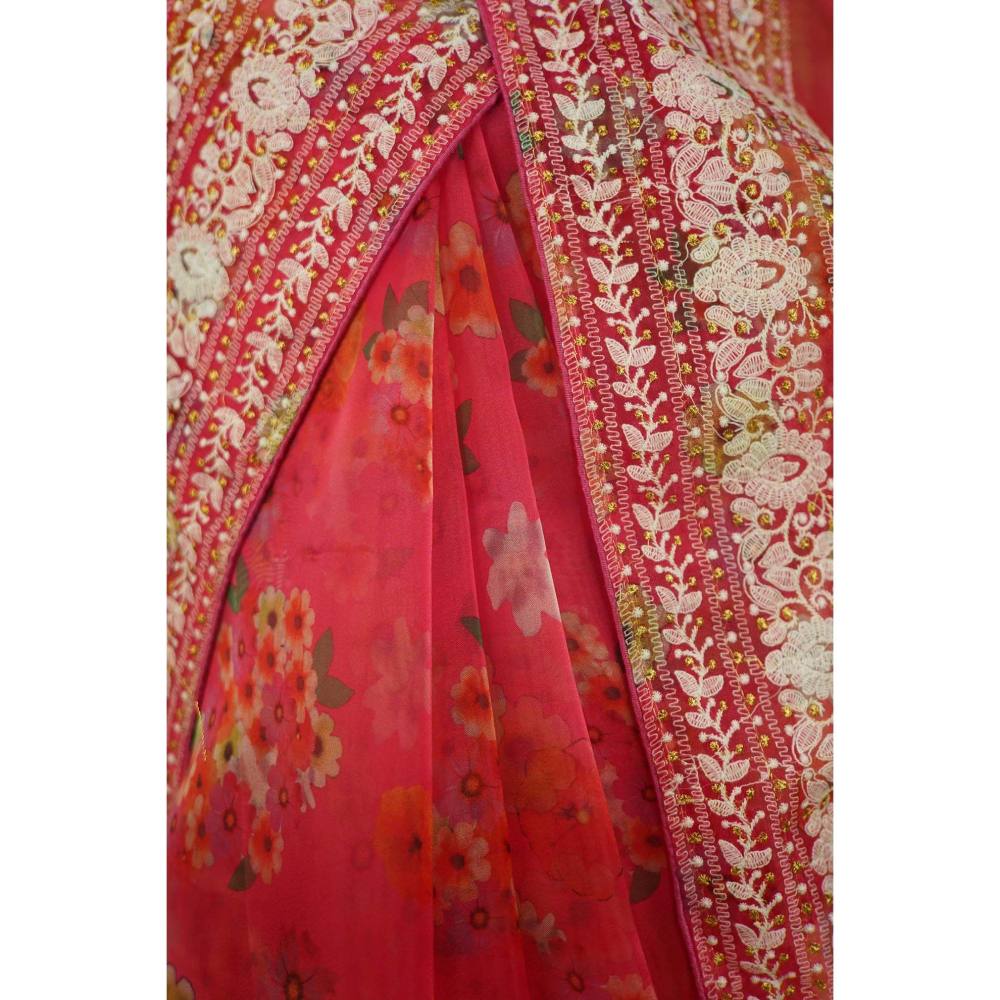 Isadora Life Womens Floral Embroidered Pink Pre-Draped Saree with Unstitched Blouse
