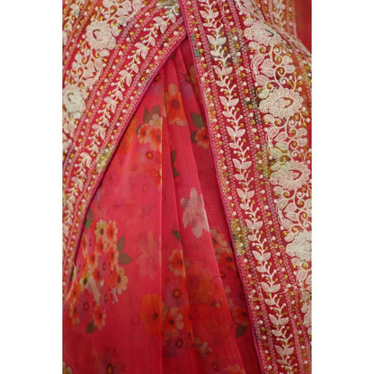 Isadora Life Womens Floral Embroidered Pink Pre-Draped Saree with Unstitched Blouse
