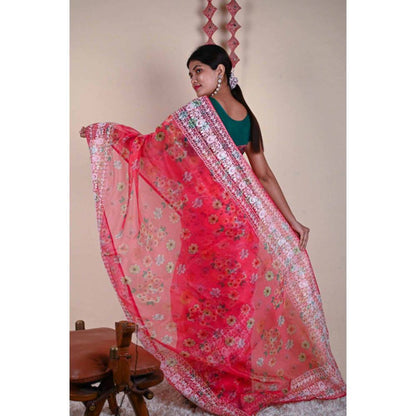 Isadora Life Womens Floral Embroidered Pink Pre-Draped Saree with Unstitched Blouse