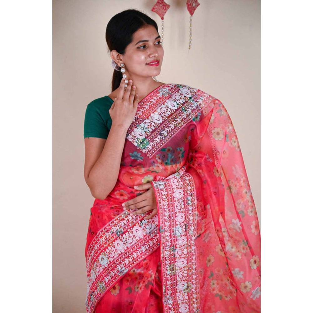 Isadora Life Womens Floral Embroidered Pink Pre-Draped Saree with Unstitched Blouse