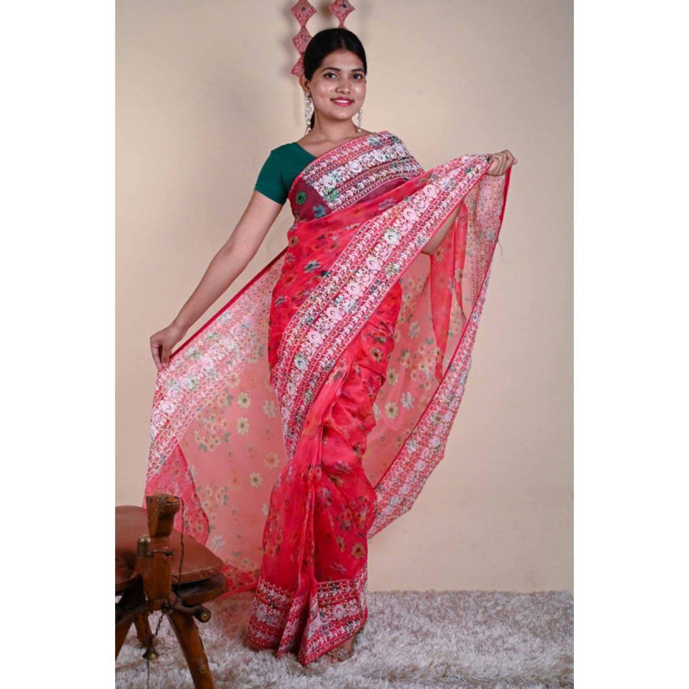 Isadora Life Womens Floral Embroidered Pink Pre-Draped Saree with Unstitched Blouse