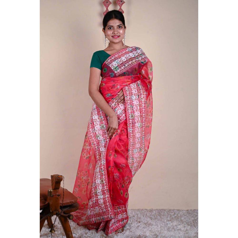 Isadora Life Womens Floral Embroidered Pink Pre-Draped Saree with Unstitched Blouse