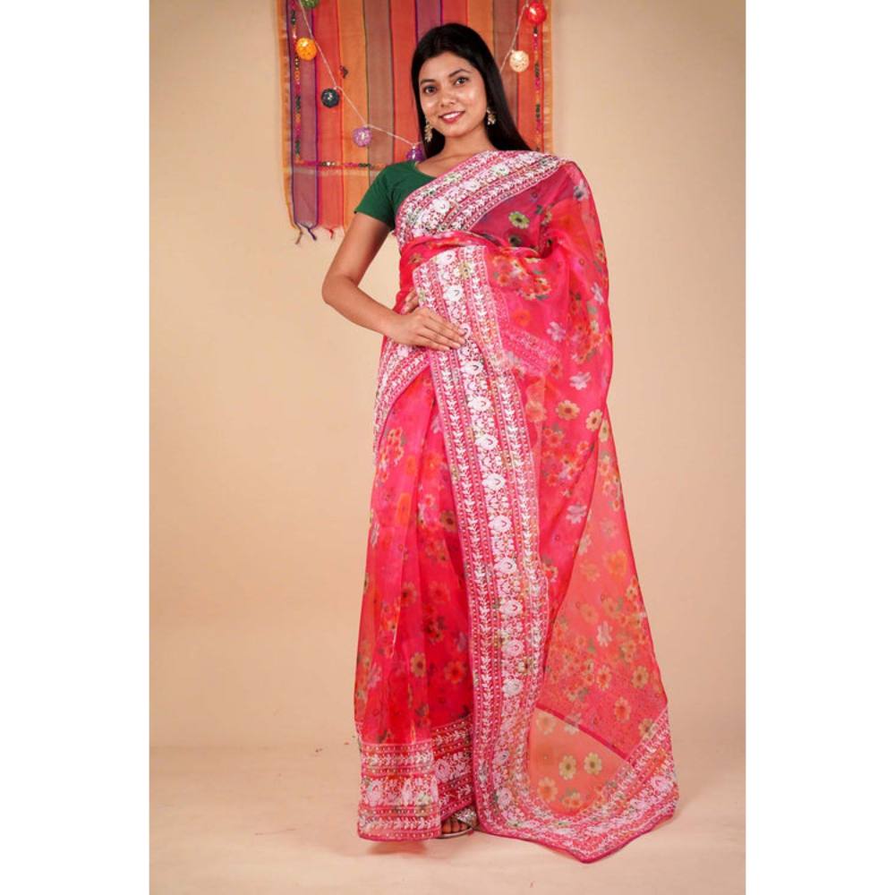 Isadora Life Womens Floral Embroidered Pink Pre-Draped Saree with Unstitched Blouse