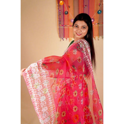 Isadora Life Womens Floral Embroidered Pink Pre-Draped Saree with Unstitched Blouse