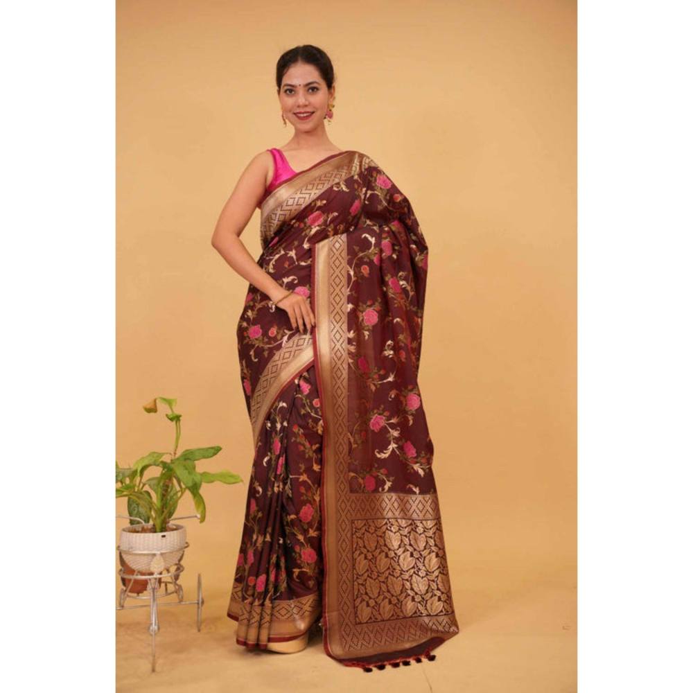 Isadora Life Womens Floral Woven Brown Pre-Draped Saree with Unstitched Blouse