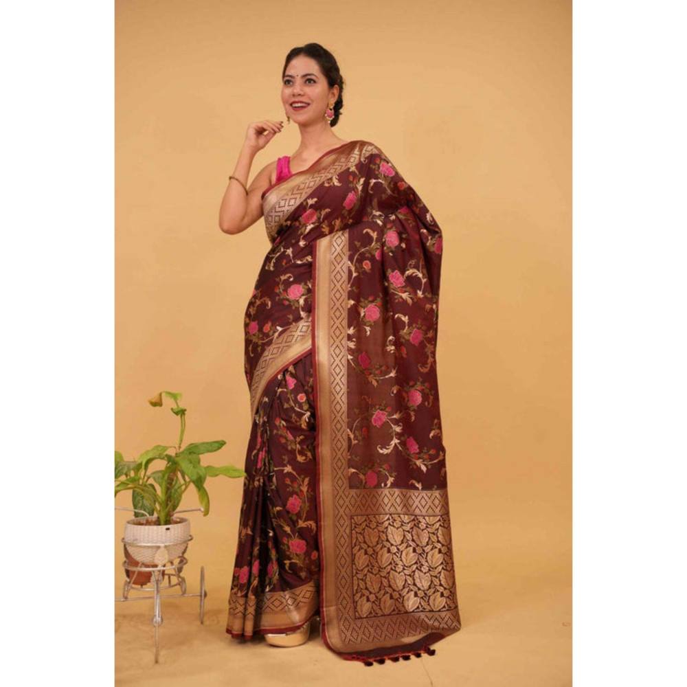 Isadora Life Womens Floral Woven Brown Pre-Draped Saree with Unstitched Blouse