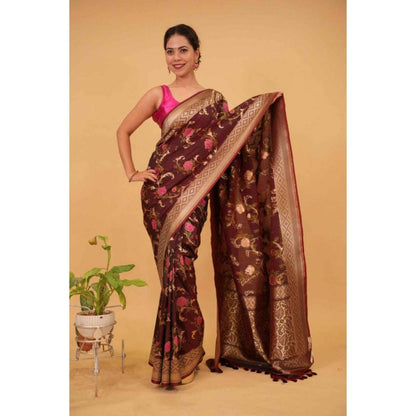 Isadora Life Womens Floral Woven Brown Pre-Draped Saree with Unstitched Blouse