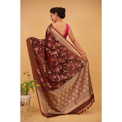Isadora Life Womens Floral Woven Brown Pre-Draped Saree with Unstitched Blouse