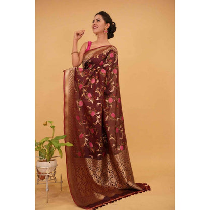 Isadora Life Womens Floral Woven Brown Pre-Draped Saree with Unstitched Blouse