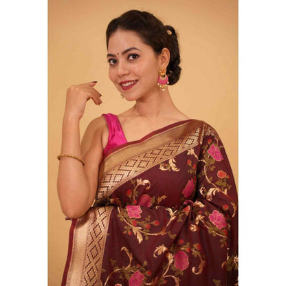 Isadora Life Womens Floral Woven Brown Pre-Draped Saree with Unstitched Blouse