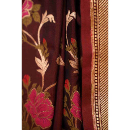 Isadora Life Womens Floral Woven Brown Pre-Draped Saree with Unstitched Blouse
